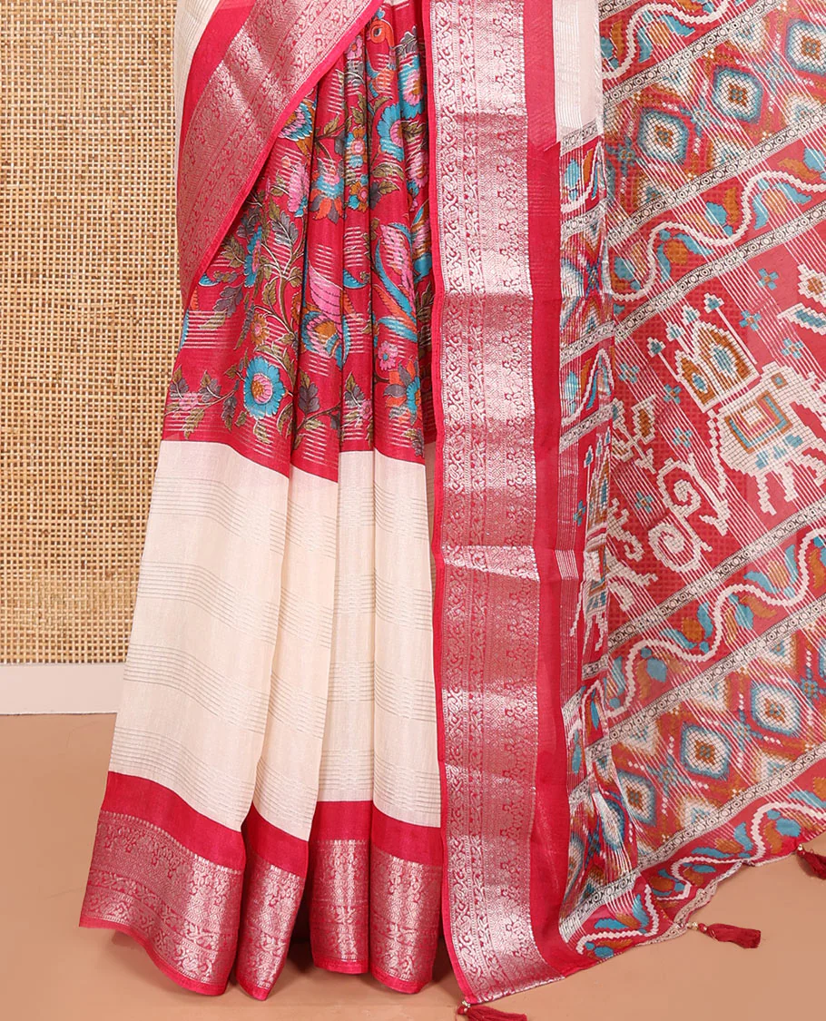 Half-White Viscose Georgette Adorned with Horizontal Zari Stripes and Floral Prints, Complemented by a Contrast Traditional Zari Border, a Printed Pallu with Patola Patterns, and a Contrast Blouse - Image 3