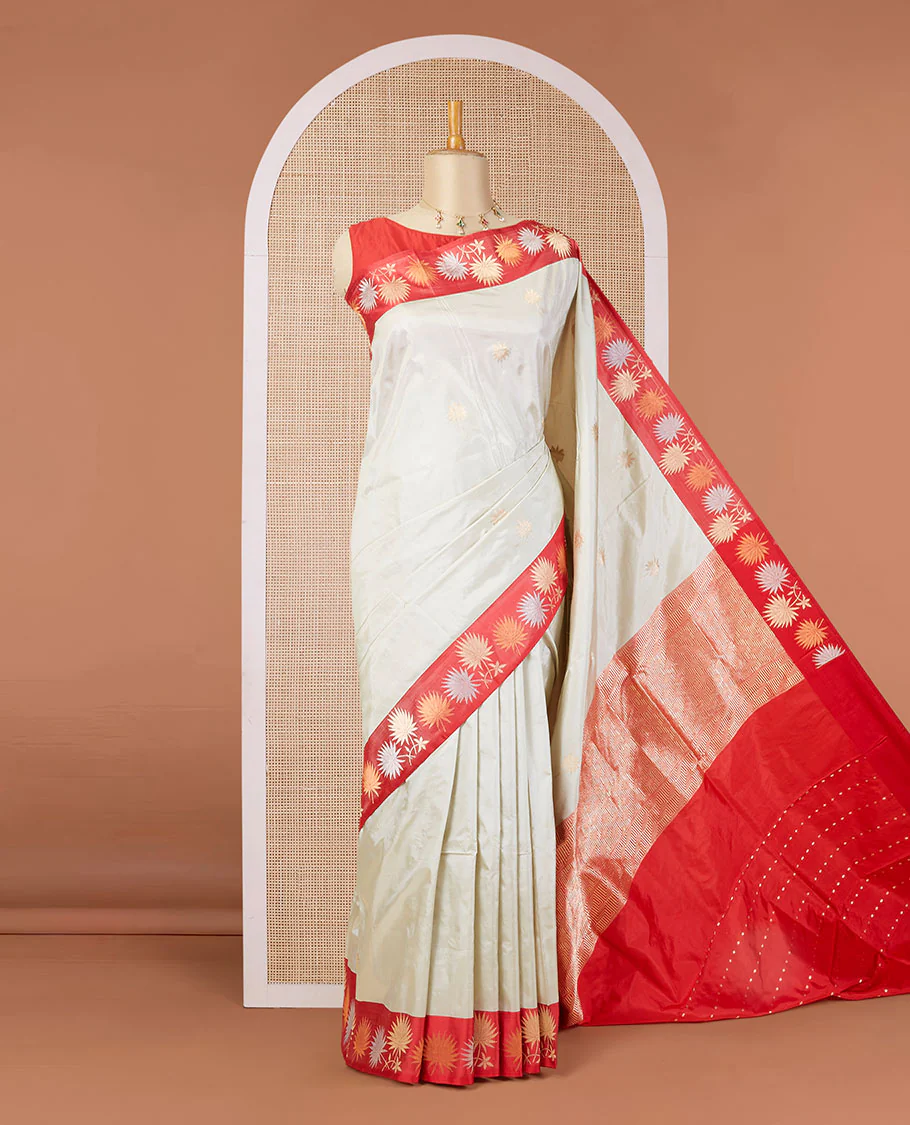 Half-white zari buttas katan silk saree, contrast floral design zari border & geometric patterned pallu - Image 2