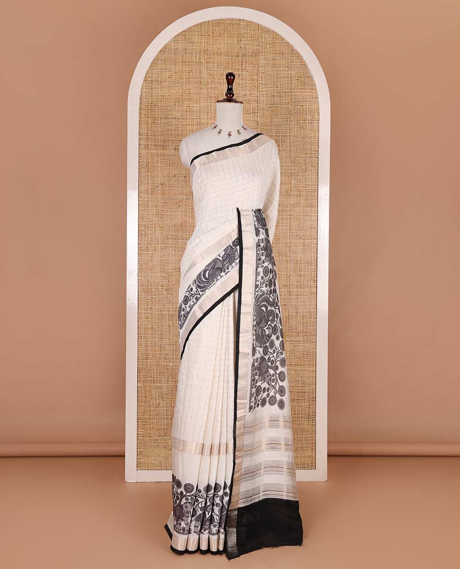 Half-white zari checked with kalamkari flora-fauna motifs printed Assam cotton saree, traditional zari border, zari striped pallu, and matching blouse - Image 2