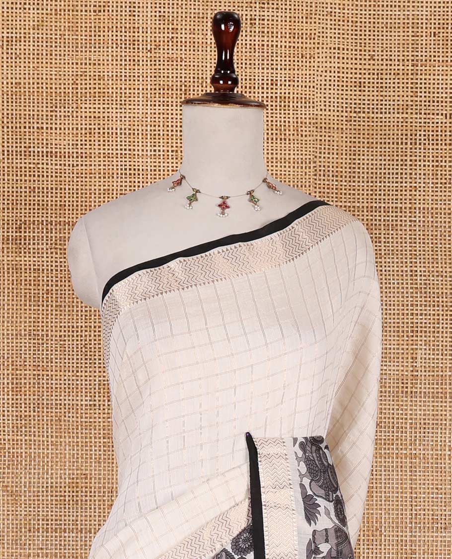 Half-white zari checked with kalamkari flora-fauna motifs printed Assam cotton saree, traditional zari border, zari striped pallu, and matching blouse - Image 3