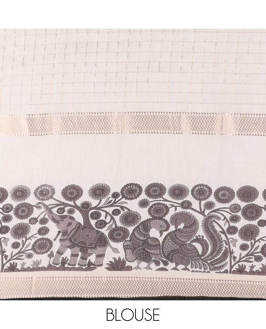 Half-white zari checked with kalamkari flora-fauna motifs printed Assam cotton saree, traditional zari border, zari striped pallu, and matching blouse - Image 4