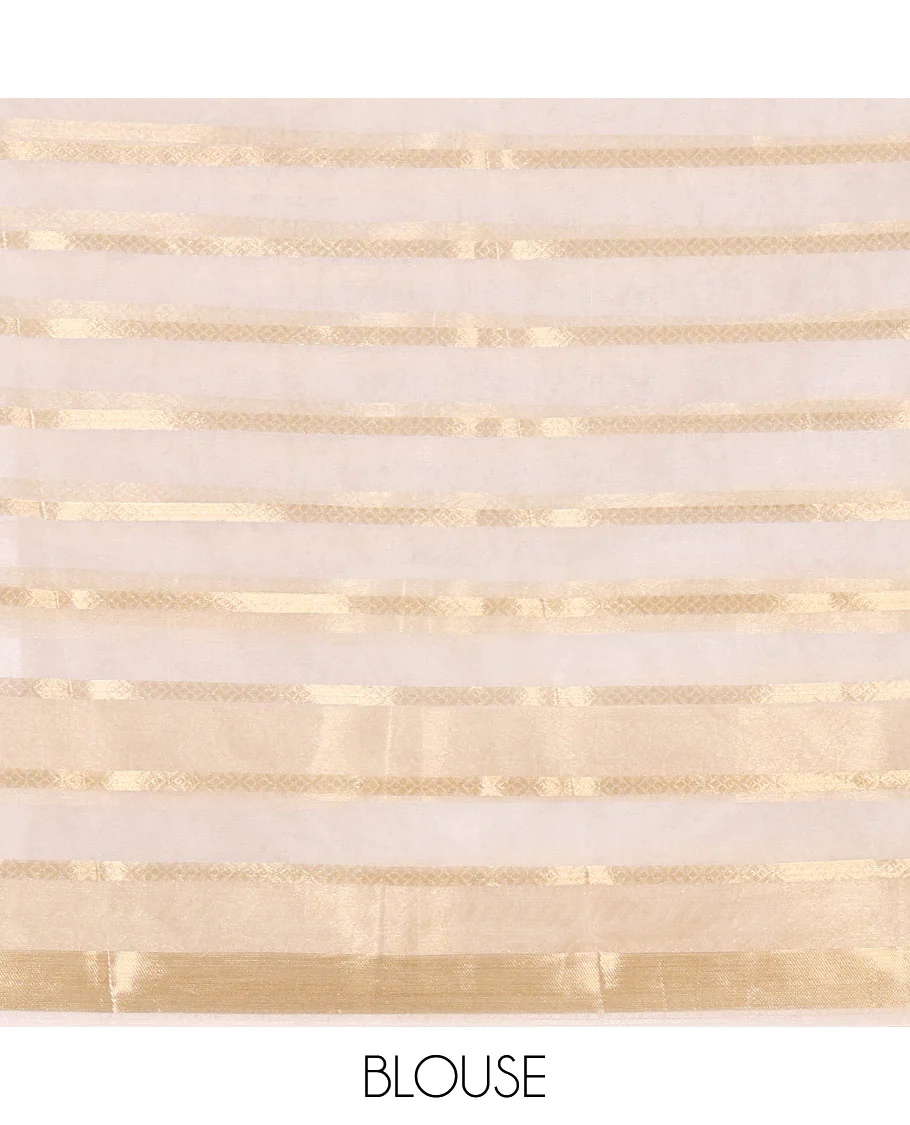 Half-white zari design semi-organza saree, traditional zari design border of floral creeper designs, zari striped pallu, and a matching blouse - Image 3