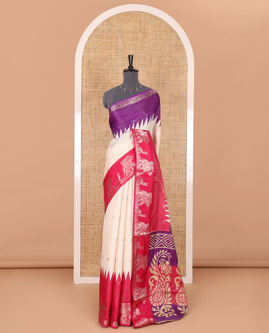 Half-white zari stripes and buttas dola silk saree, contrast pink-purple Ganga-Jamuna temple elephant motifs border, paisleys printed pallu, and contrast elephant buttas blouse - Image 2
