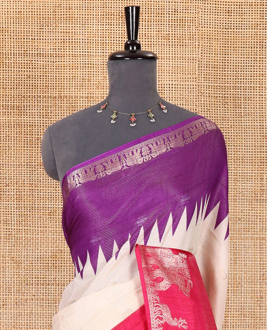 Half-white zari stripes and buttas dola silk saree, contrast pink-purple Ganga-Jamuna temple elephant motifs border, paisleys printed pallu, and contrast elephant buttas blouse - Image 3