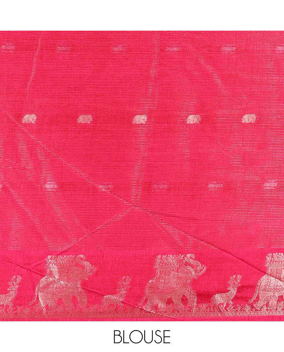 Half-white zari stripes and buttas dola silk saree, contrast pink-purple Ganga-Jamuna temple elephant motifs border, paisleys printed pallu, and contrast elephant buttas blouse - Image 4