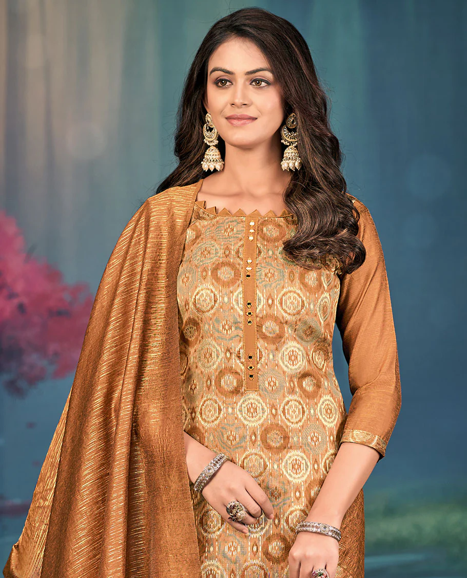 Honey color churidar material set, round motifs, and mirror embroidered top, plain bottom, and geometric patterned dupatta - Image 2