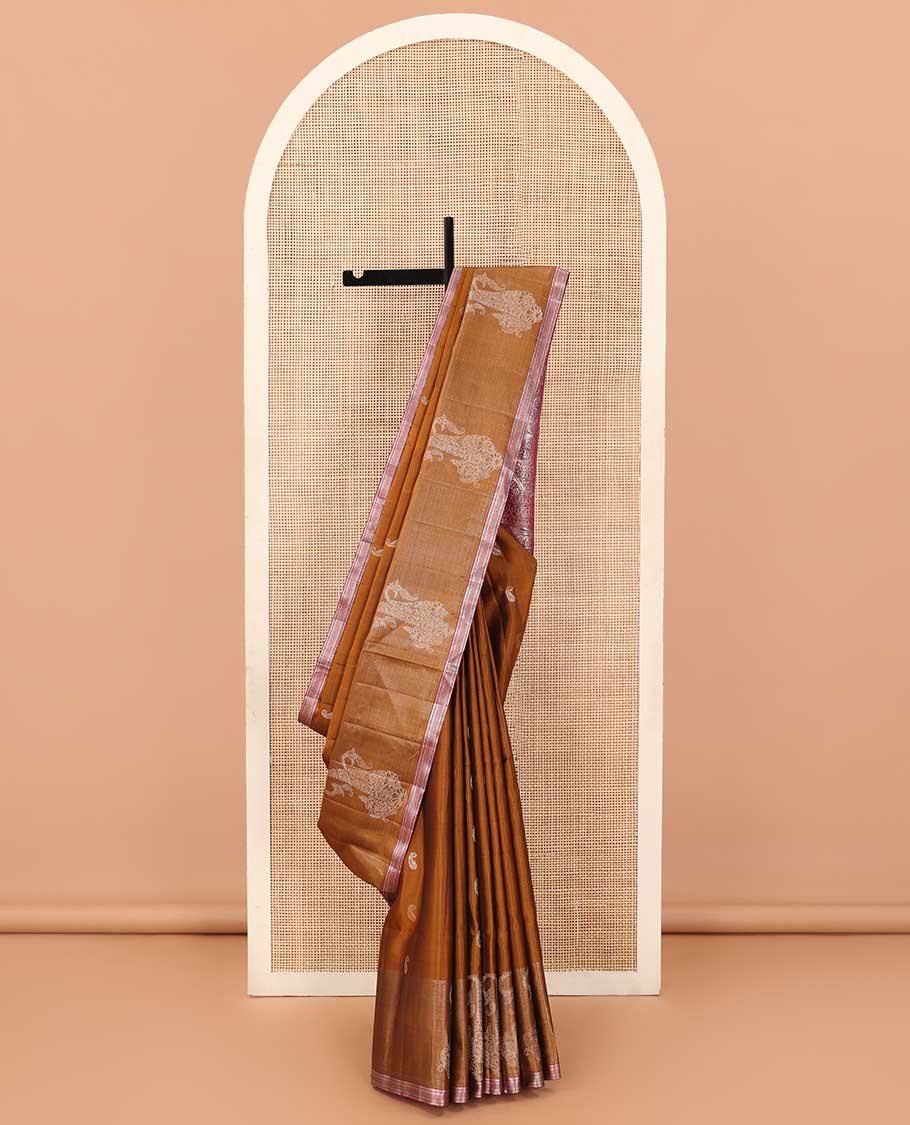 Honey color manga zari buttas Mayuri soft silk saree, beetu manga butta contrast border of kathir and bentex designs, and intricate pallu