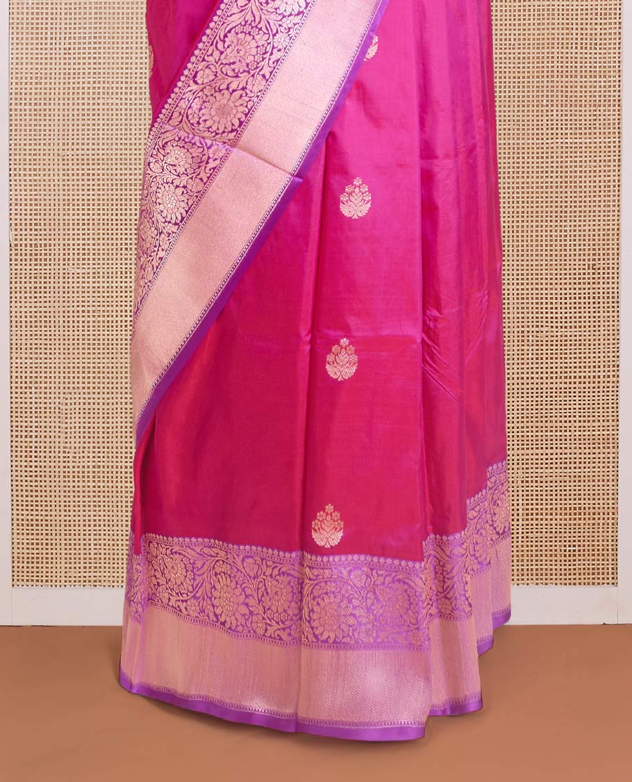 Hot pink floral bouquet buttas Banarasi kathan silk saree, contrast floral creeper zari border, and floral jaal pallu - Image 4