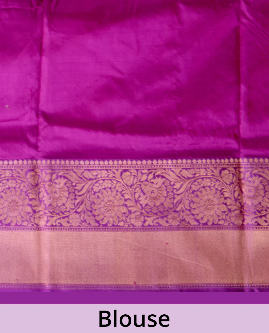 Hot pink floral bouquet buttas Banarasi kathan silk saree, contrast floral creeper zari border, and floral jaal pallu - Image 5