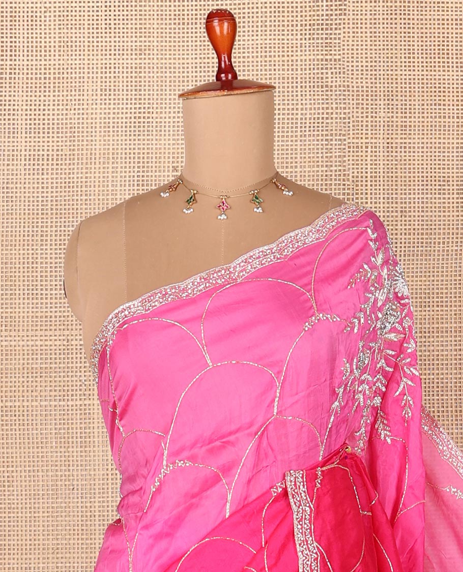Hot pink floral & scallop design kardana embroidered designer saree with stone work border - Image 2