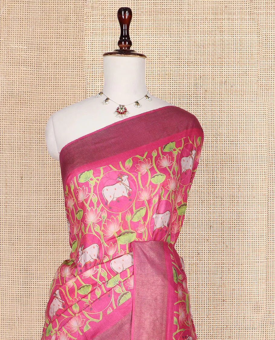 Hot pink Pichwai Lotus and cow digital printed tussar silk saree, zari border, and checked pallu - Image 2