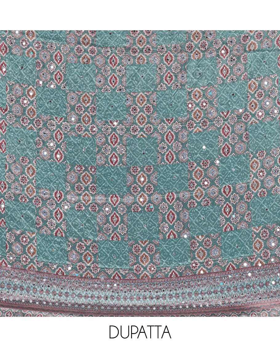 Hunter green material chudidar set, intricately printed with neck mirror work crepe top, Italian crepe bottom, and digital printed mirror work chinon dupatta - Image 2