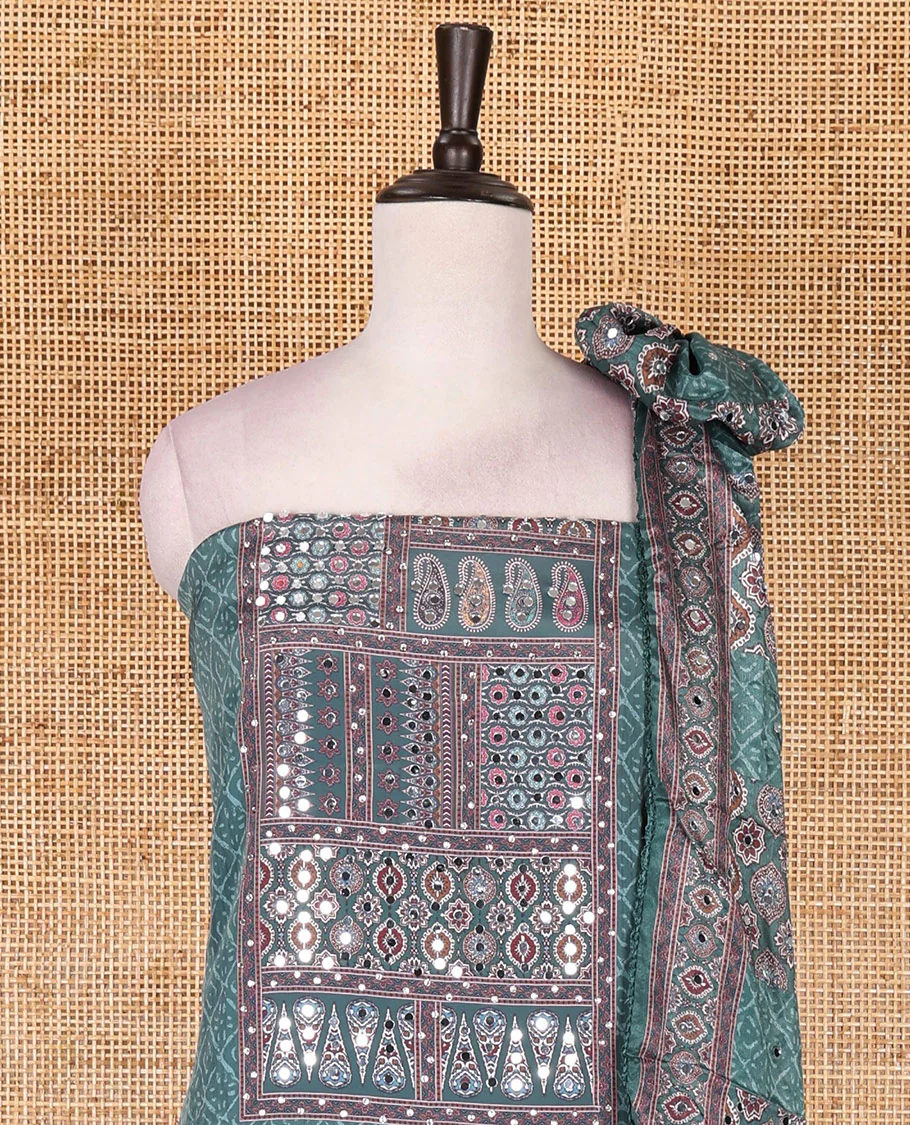 Hunter green material chudidar set, intricately printed with neck mirror work crepe top, Italian crepe bottom, and digital printed mirror work chinon dupatta - Image 3