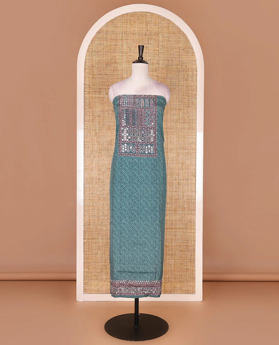 Hunter green material chudidar set, intricately printed with neck mirror work crepe top, Italian crepe bottom, and digital printed mirror work chinon dupatta - Image 4
