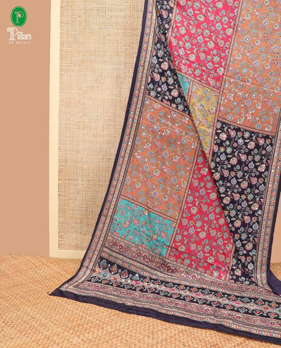 Multi-color printed, mirror work synon silk saree with printed border & printed rich pallu along with plain blouse - Image 2