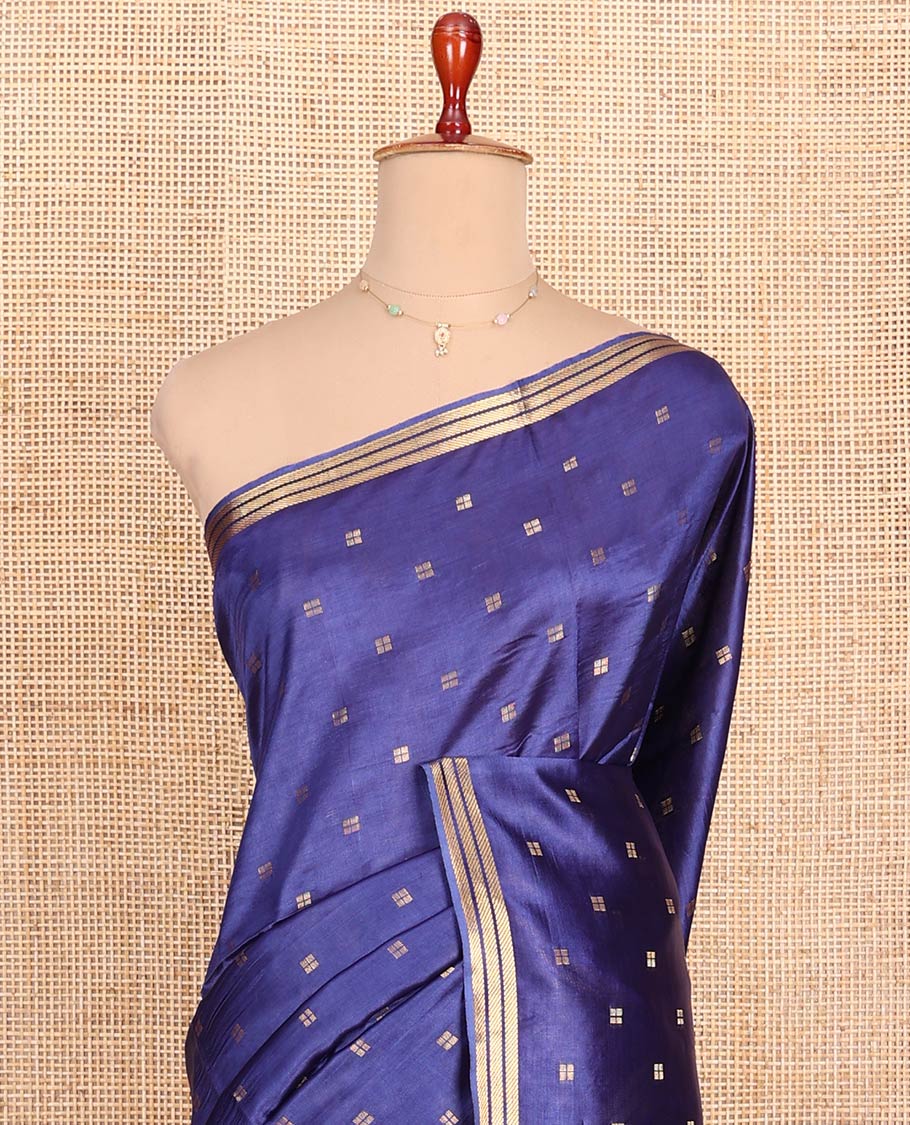 Ink Blue Banana Pith Saree Finely Woven with Square-Shaped Zari Buttas, Subtly Woven Zari Piping Border, Pallu Gleamed Up with Zari Stripes, and Paired with a Matching Blouse - Image 2