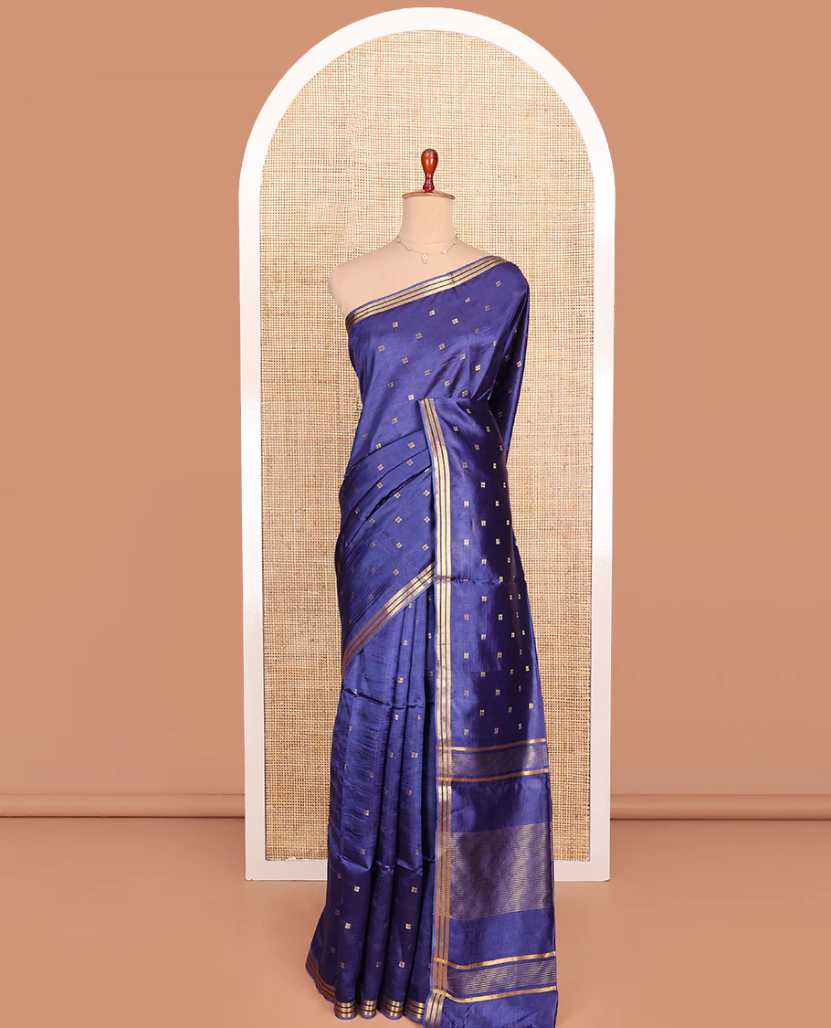 Ink Blue Banana Pith Saree Finely Woven with Square-Shaped Zari Buttas, Subtly Woven Zari Piping Border, Pallu Gleamed Up with Zari Stripes, and Paired with a Matching Blouse - Image 3