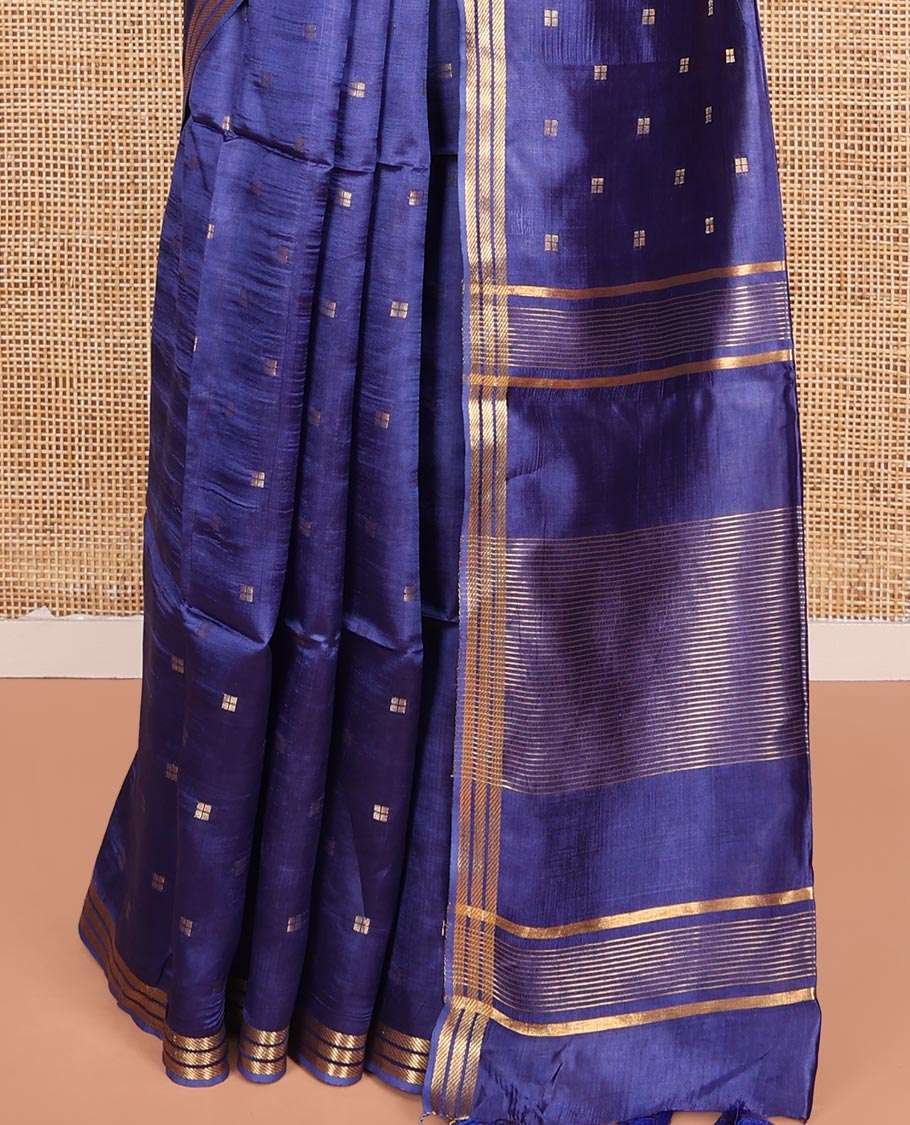 Ink Blue Banana Pith Saree Finely Woven with Square-Shaped Zari Buttas, Subtly Woven Zari Piping Border, Pallu Gleamed Up with Zari Stripes, and Paired with a Matching Blouse - Image 4