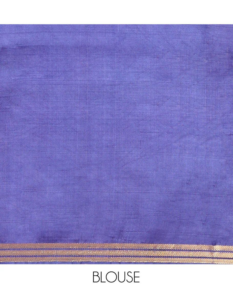 Ink Blue Banana Pith Saree Finely Woven with Square-Shaped Zari Buttas, Subtly Woven Zari Piping Border, Pallu Gleamed Up with Zari Stripes, and Paired with a Matching Blouse - Image 5
