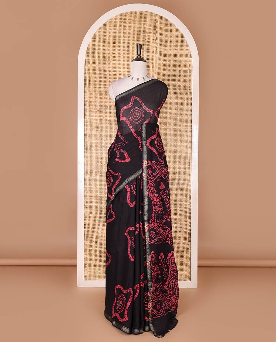 Ink blue batik geometric printed pure cotton saree, zari piping border, human figurines batik printed pallu, and a matching batik printed blouse - Image 2
