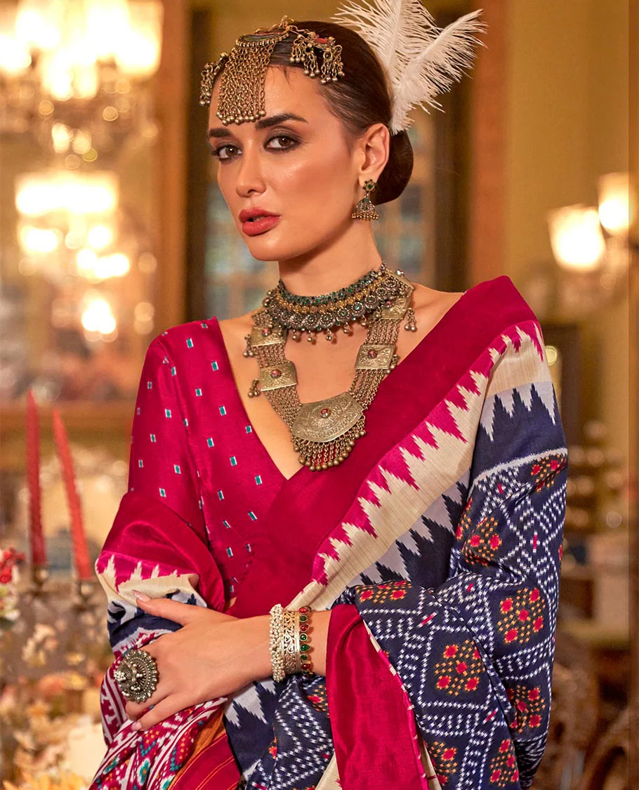 Ink blue diamond patterned patola designer catalog saree, contrast temple border, and patola design pallu - Image 2