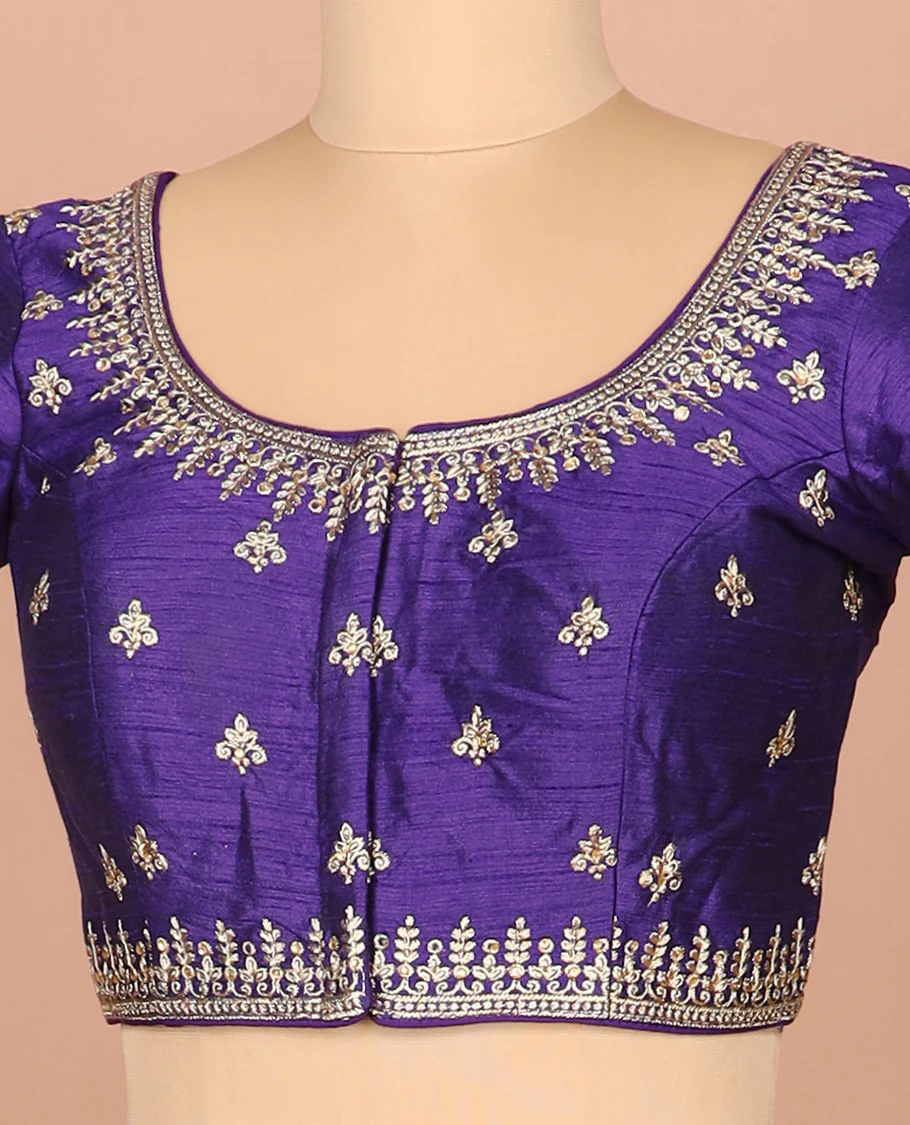 Ink blue thread embroidered front-and-back round elbow-sleeve readymade blouse - Image 2