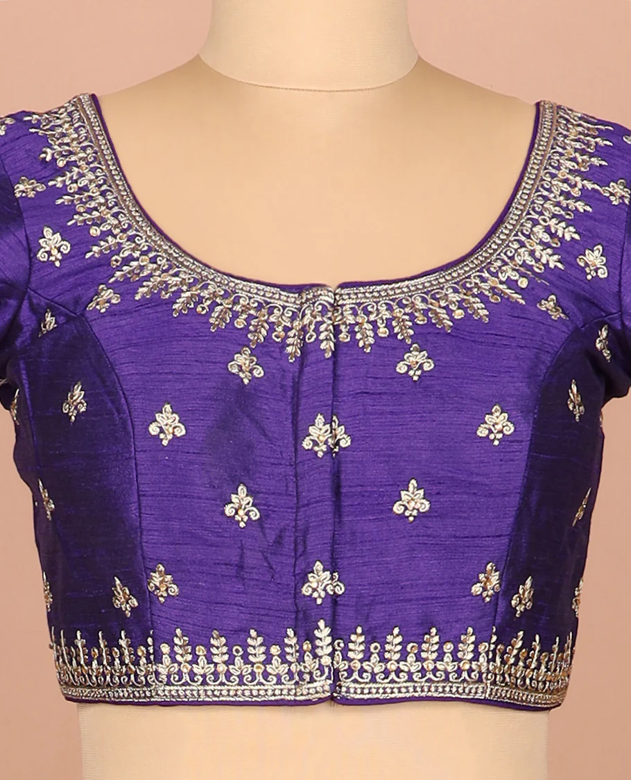 Ink blue thread embroidered front-and-back round elbow-sleeve readymade blouse - Image 3