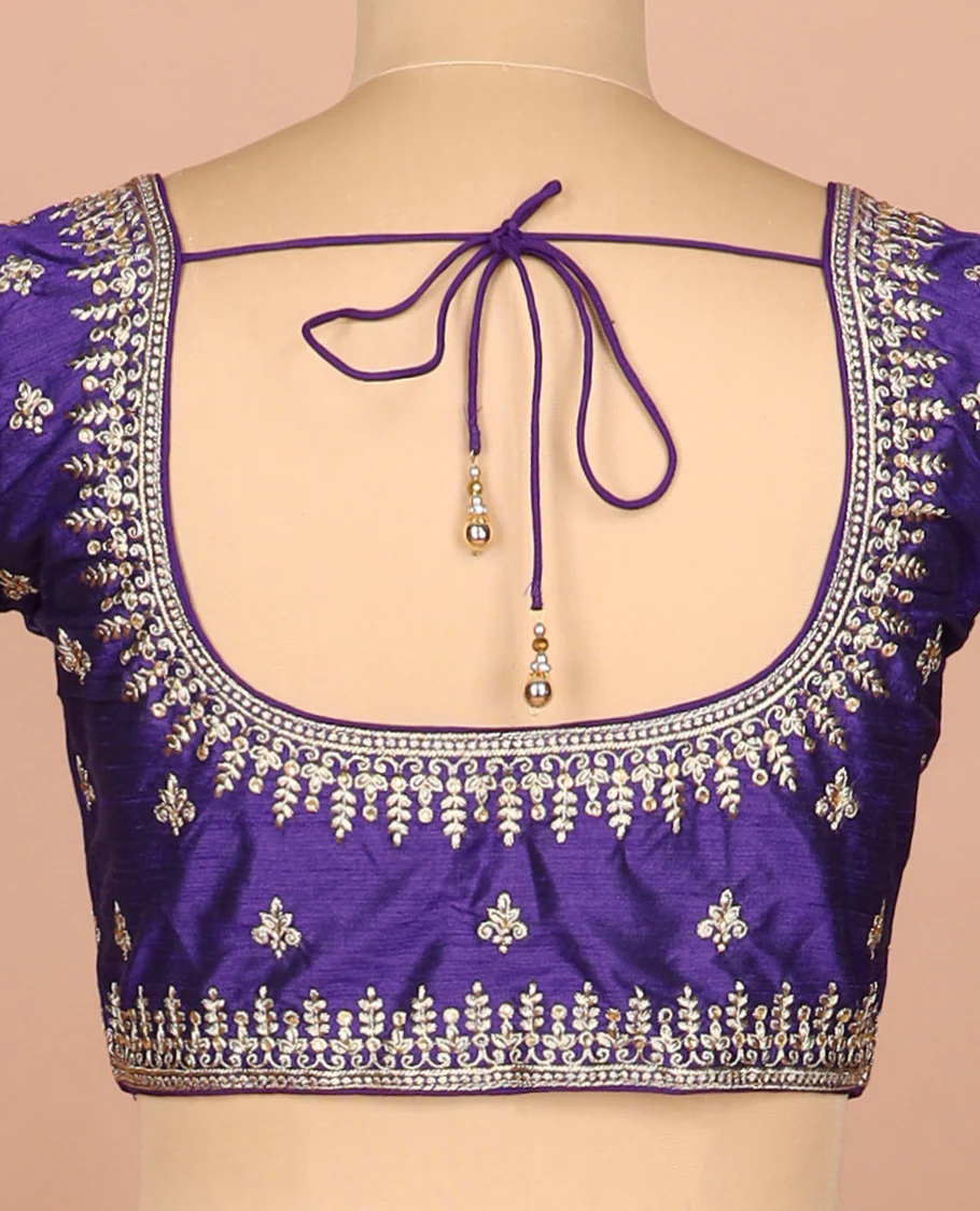 Ink blue thread embroidered front-and-back round elbow-sleeve readymade blouse - Image 4