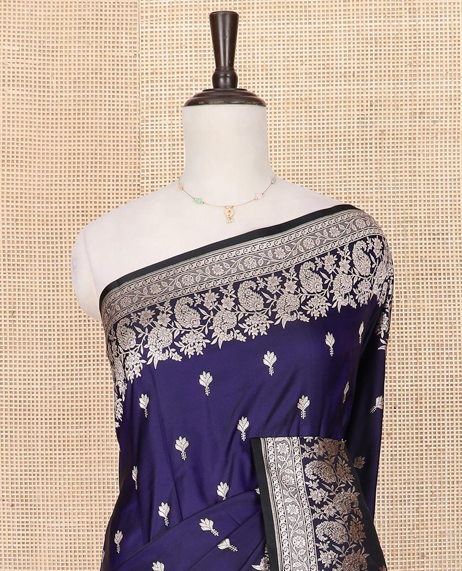 Ink blue zari buttas and paisley vine mushru silk saree, floral-paisley design border, and pallu of paisleys - Image 3
