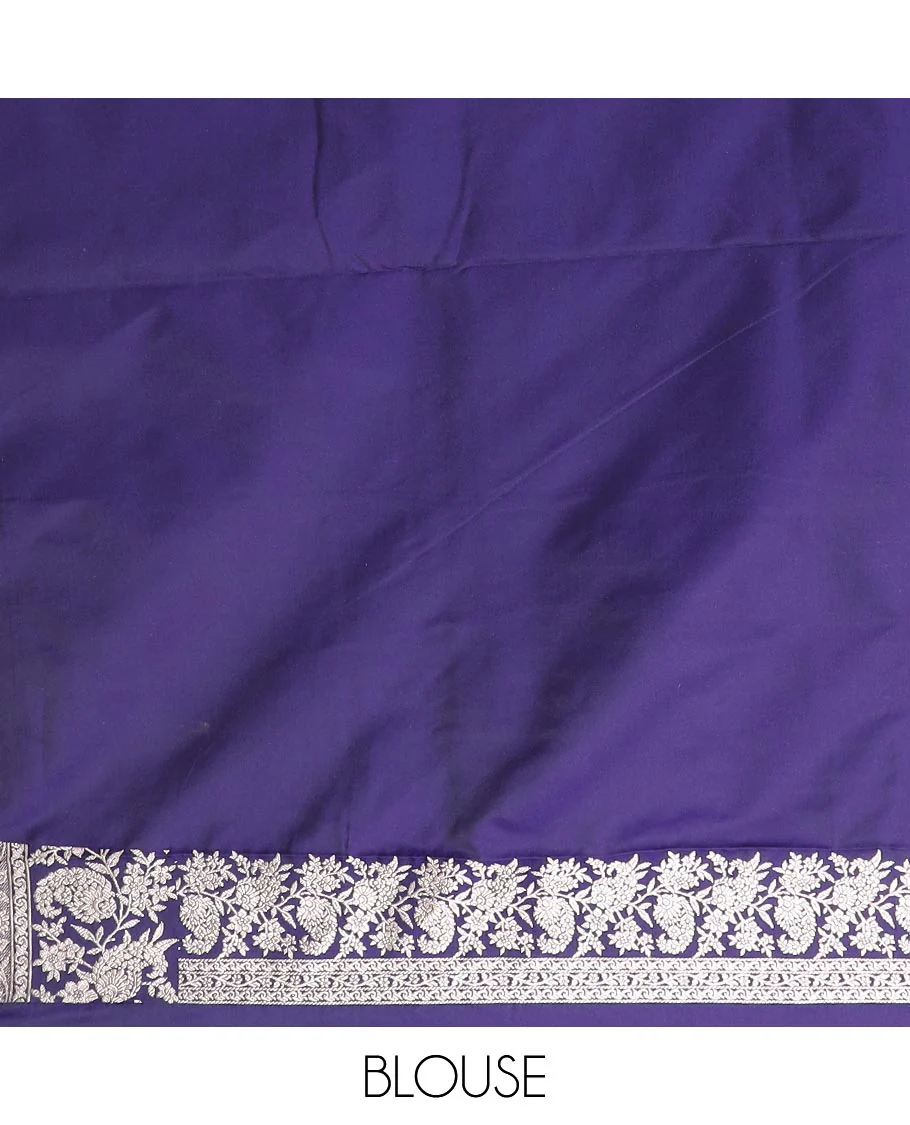 Ink blue zari buttas and paisley vine mushru silk saree, floral-paisley design border, and pallu of paisleys - Image 4
