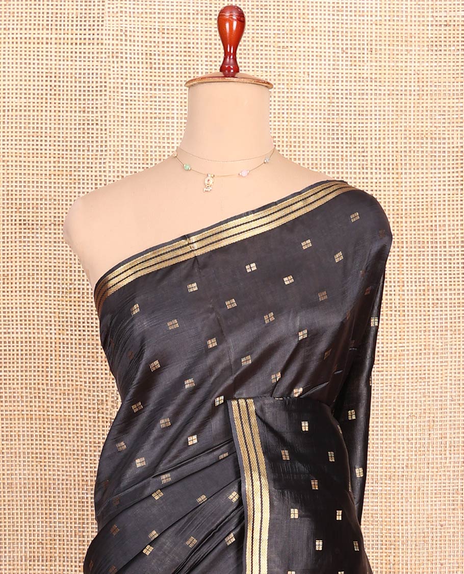 Inky Black Banana Pith Saree Decked Up with Square-Shaped Zari Buttas, Subtly Woven Zari Piping Border, Pallu Gleamed Up with Zari Stripes, and Paired with a Matching Blouse - Image 2