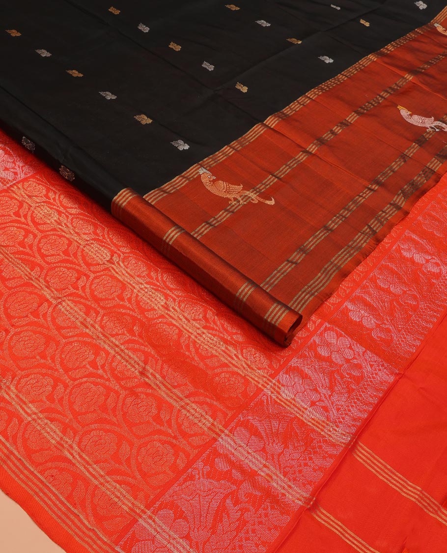 Inky Black Uppada Silk Saree Enlivened With Zari Buttas, Captivating Contrast Border Featuring Zari Stripes And Peacock Motifs, Pallu Depicting Rose Flower-Enclosed Mughal-Style Arches, And Paired With A Contrast Blouse - Image 2
