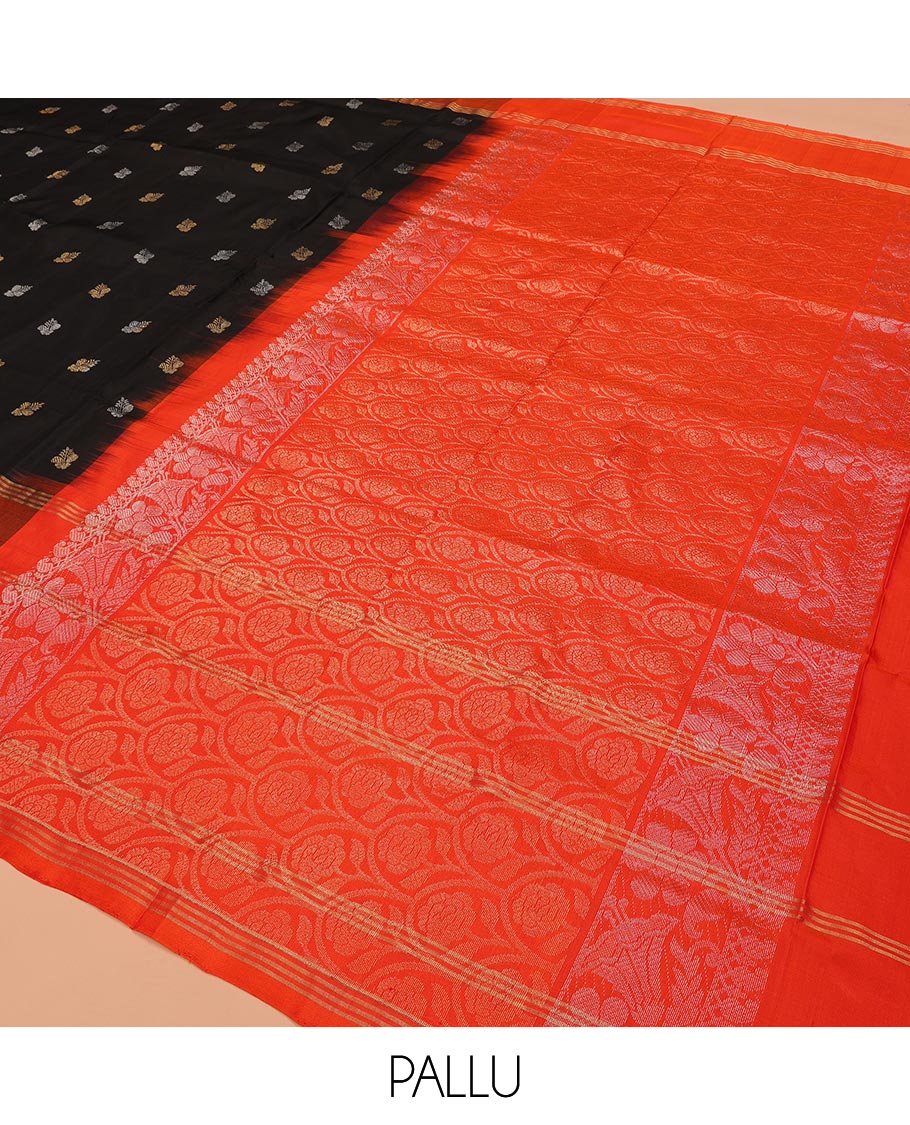 Inky Black Uppada Silk Saree Enlivened With Zari Buttas, Captivating Contrast Border Featuring Zari Stripes And Peacock Motifs, Pallu Depicting Rose Flower-Enclosed Mughal-Style Arches, And Paired With A Contrast Blouse - Image 5