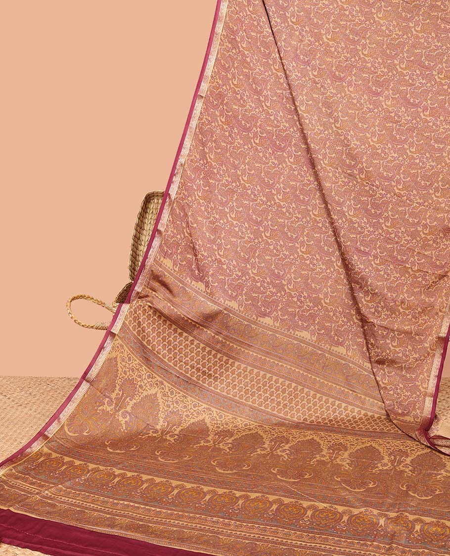 Intricate paisley vine semi-banaras printed saree, contrast paisley motifs border & intricate printed pallu - Image 11