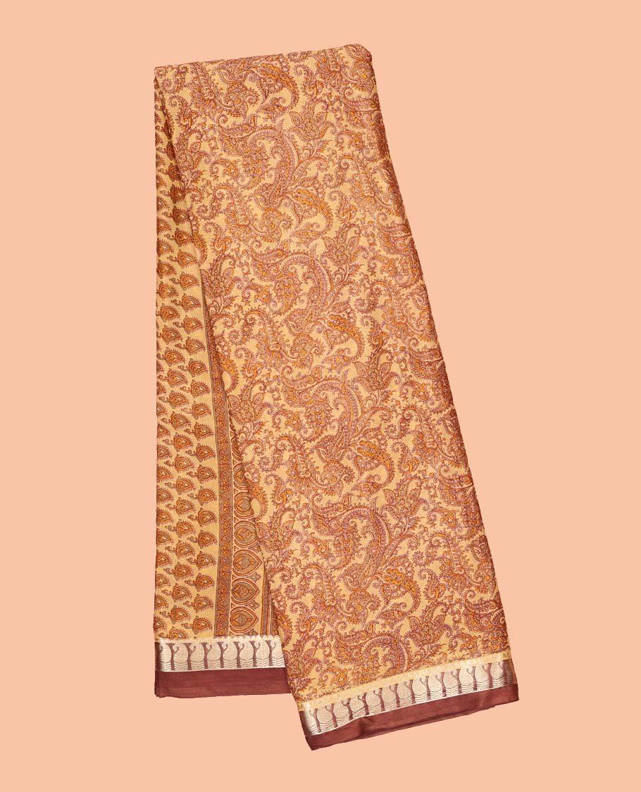 Intricate paisley vine semi-banaras printed saree, contrast paisley motifs border & intricate printed pallu - Image 25