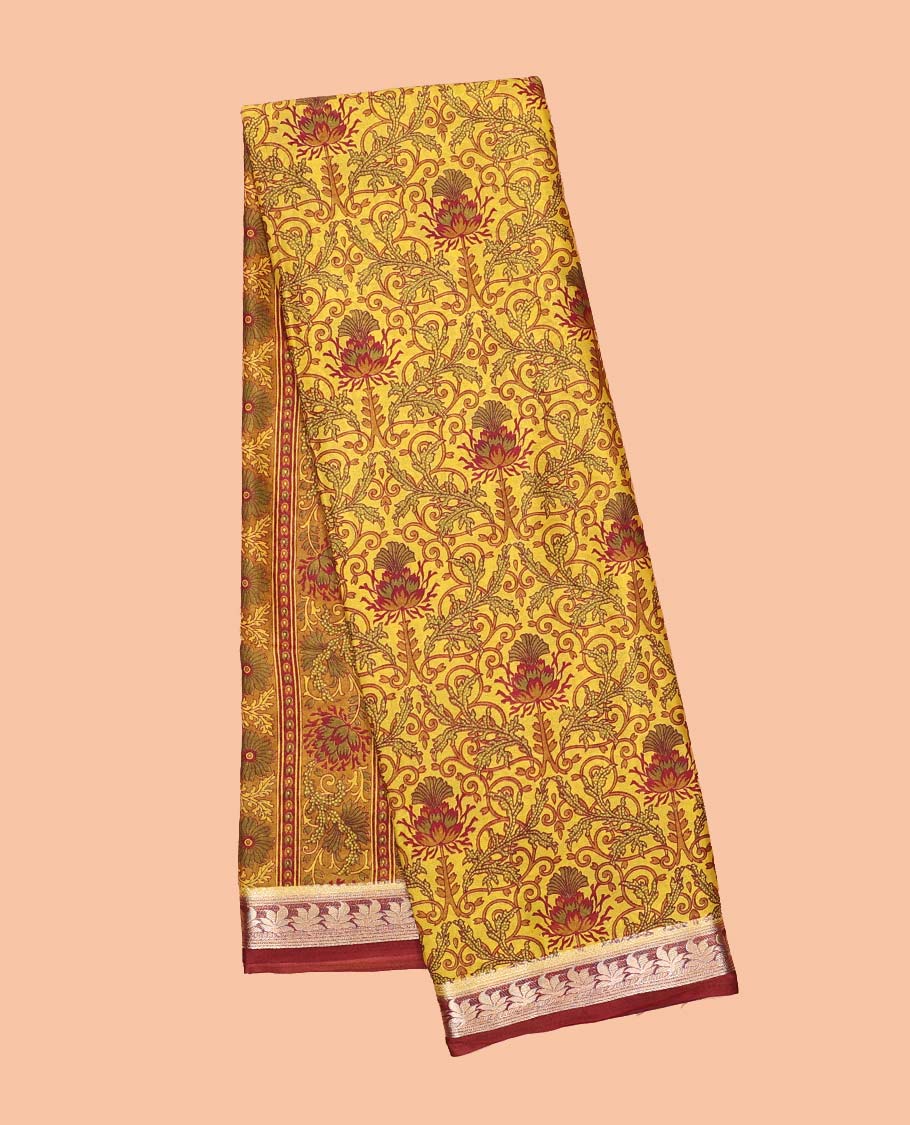 Intricately printed semi-banaras printed saree, contrast floral border & intricate pallu