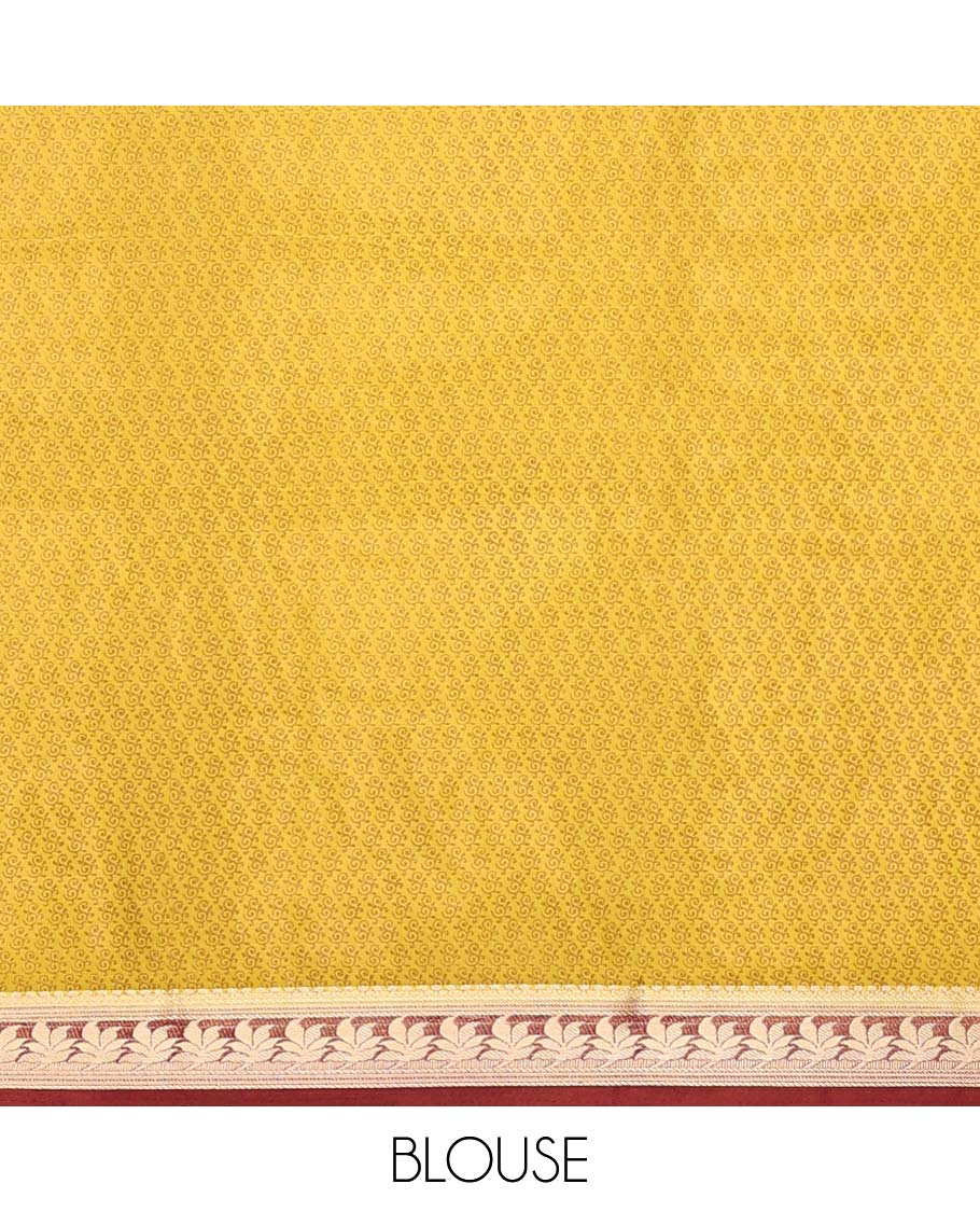 Intricately printed semi-banaras printed saree, contrast floral border & intricate pallu - Image 3