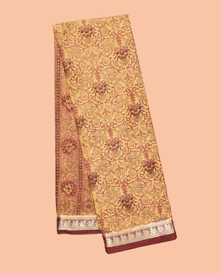 Intricately printed semi-banaras printed saree, contrast floral border & intricate pallu - Image 4
