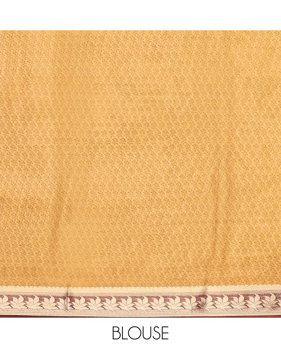 Intricately printed semi-banaras printed saree, contrast floral border & intricate pallu - Image 6