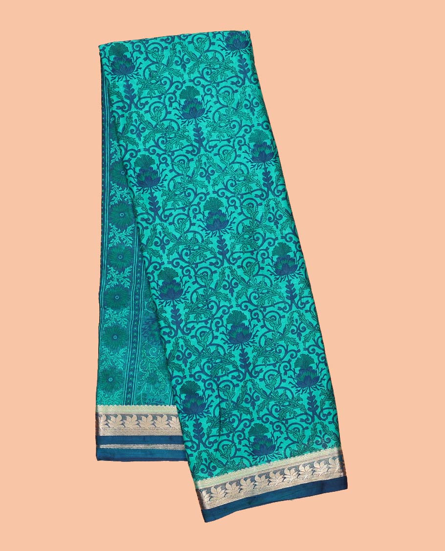 Intricately printed semi-banaras printed saree, contrast floral border & intricate pallu - Image 7