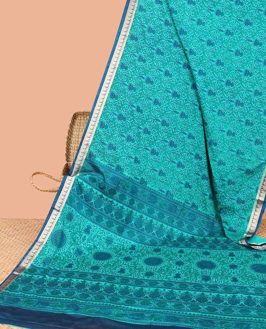 Intricately printed semi-banaras printed saree, contrast floral border & intricate pallu - Image 8