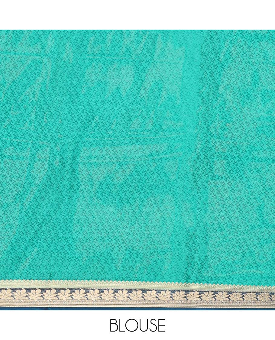 Intricately printed semi-banaras printed saree, contrast floral border & intricate pallu - Image 9
