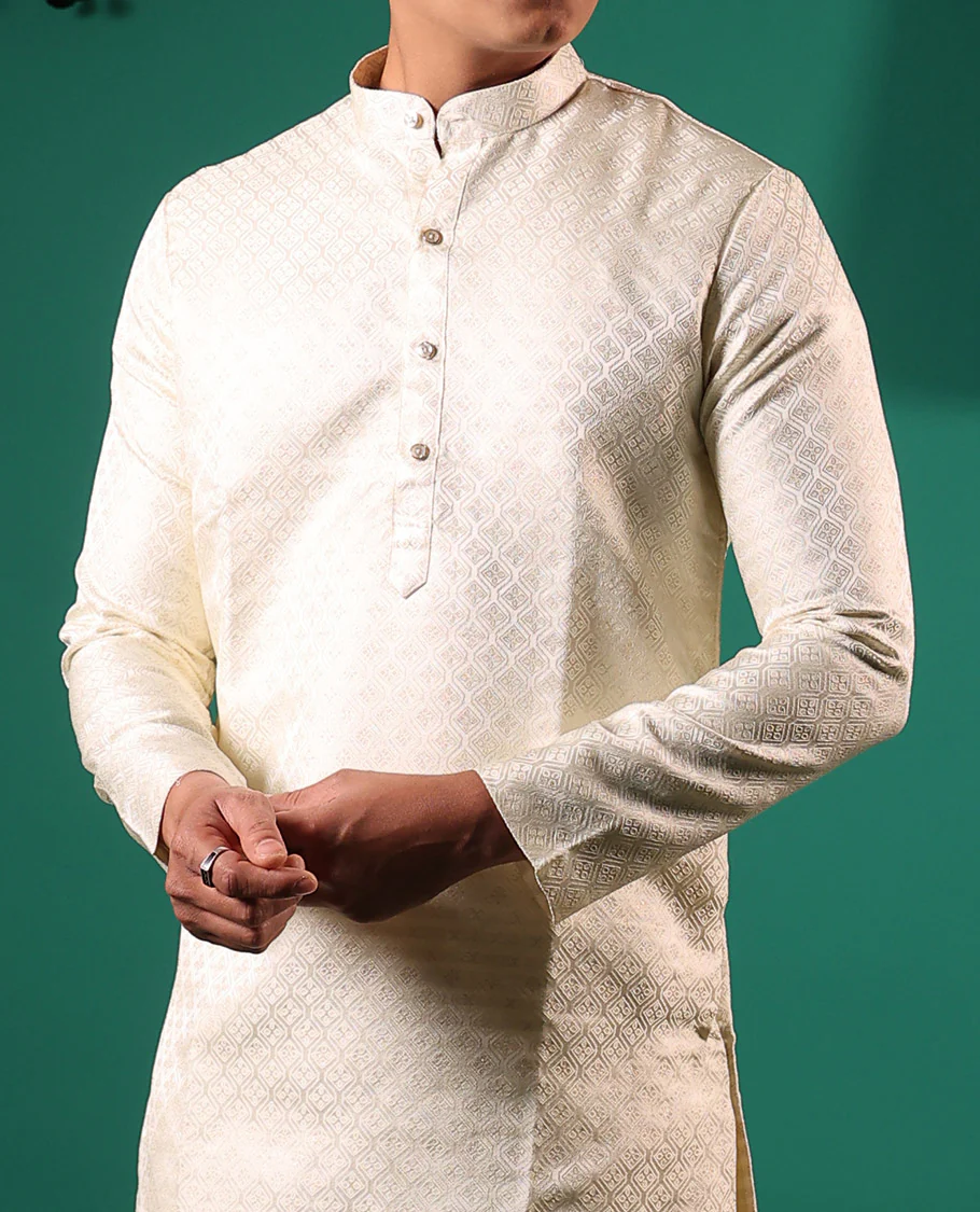Ivory ogee patterns embossed full-sleeved men's kurta - Image 4