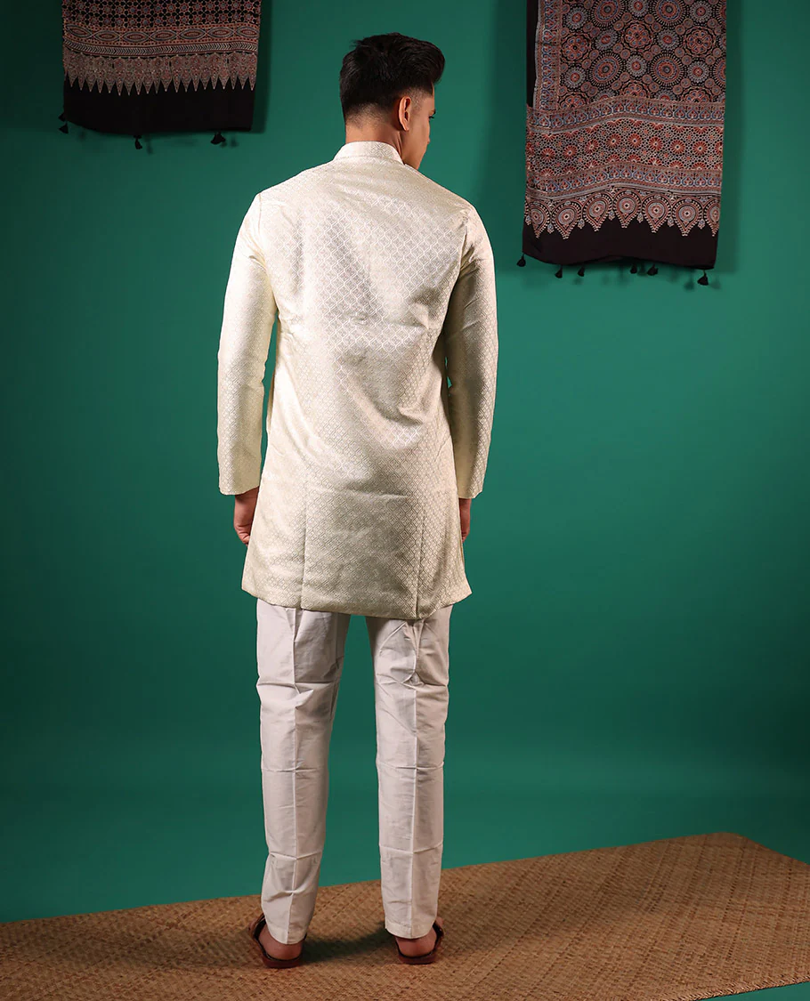 Ivory ogee patterns embossed full-sleeved men's kurta - Image 5