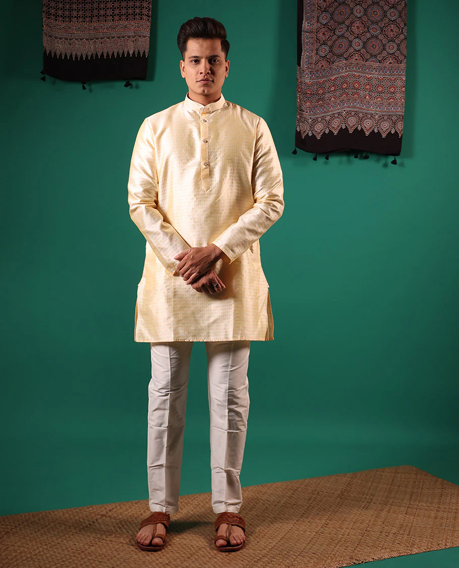 Ivory unique patterns embossed full-sleeved men's kurta set - Image 2