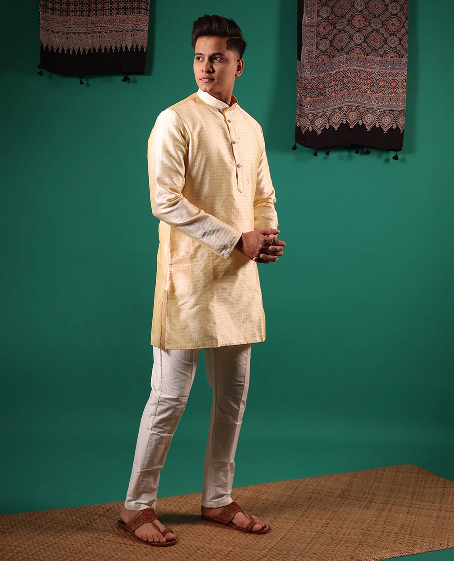 Ivory unique patterns embossed full-sleeved men's kurta set - Image 3