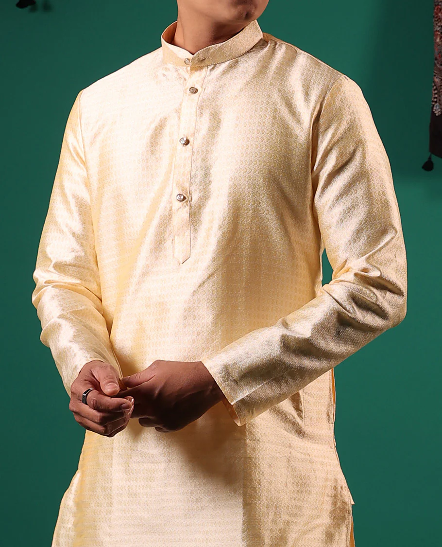 Ivory unique patterns embossed full-sleeved men's kurta set - Image 4
