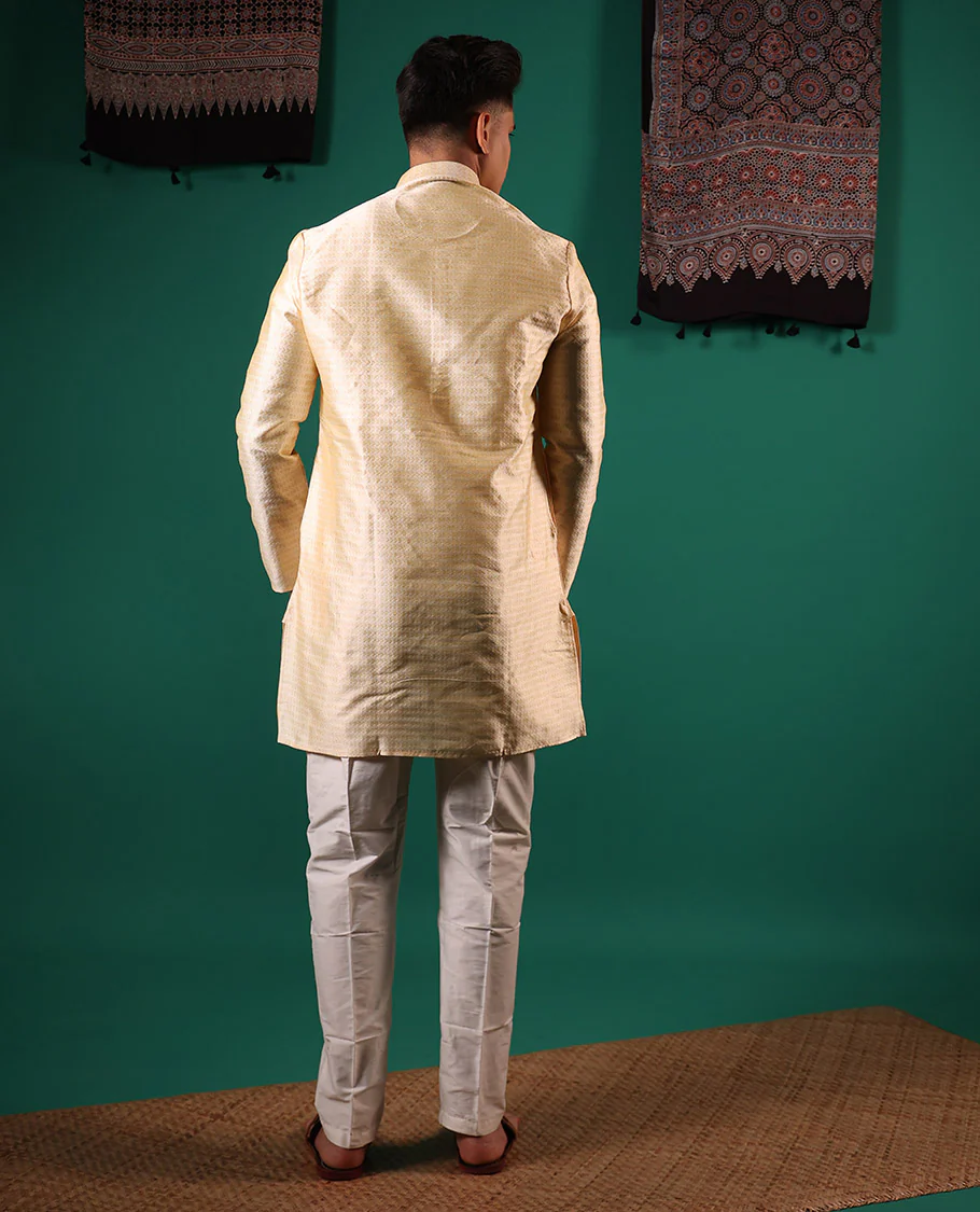 Ivory unique patterns embossed full-sleeved men's kurta set - Image 5