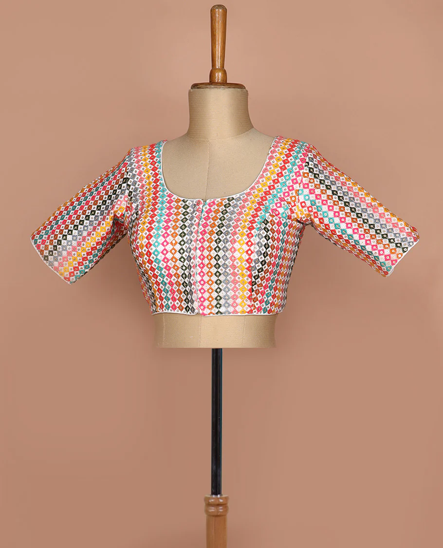 Kaleidoscopic colored thread and sequins embroidered round neck elbow sleeve raw silk readymade blouse