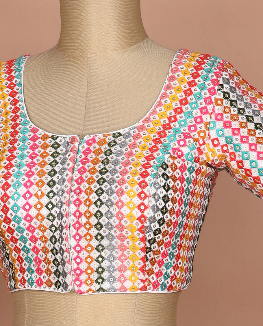 Kaleidoscopic colored thread and sequins embroidered round neck elbow sleeve raw silk readymade blouse - Image 2